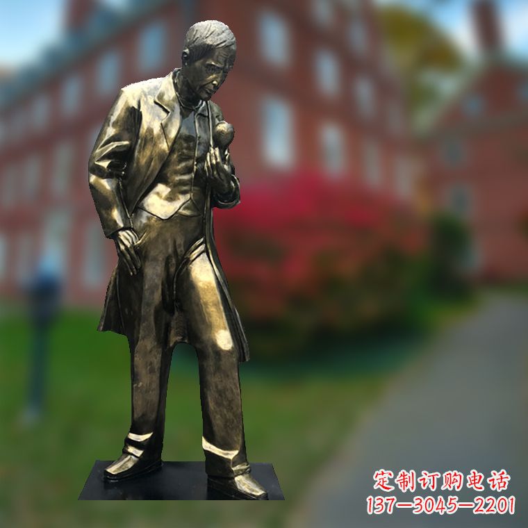 威海爱迪生与灯泡-玻璃钢仿铜校园名人全身雕塑