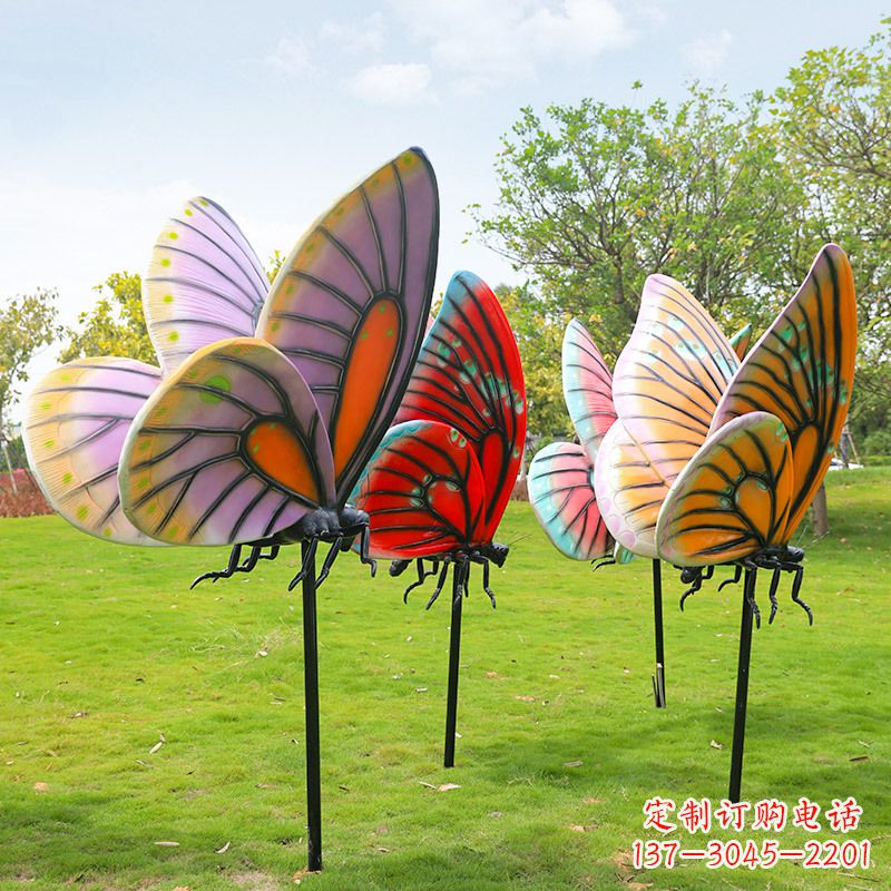 威海玻璃钢仿真蝴蝶插件,公园园林草地动物雕塑摆件