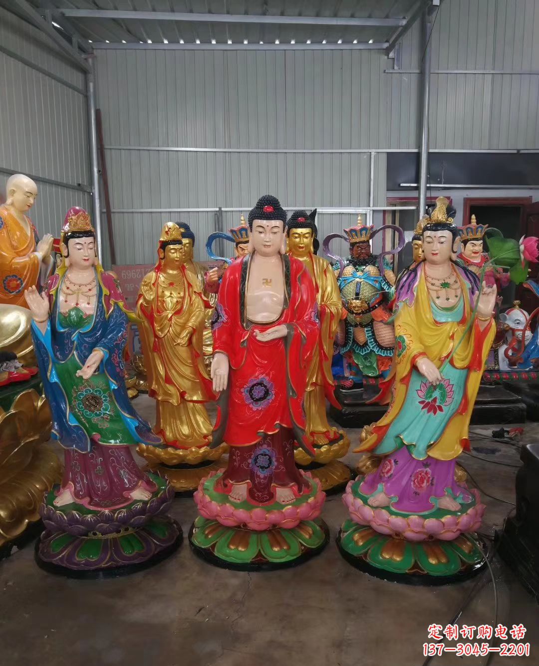 威海玻璃钢佛像彩绘西方三圣雕塑