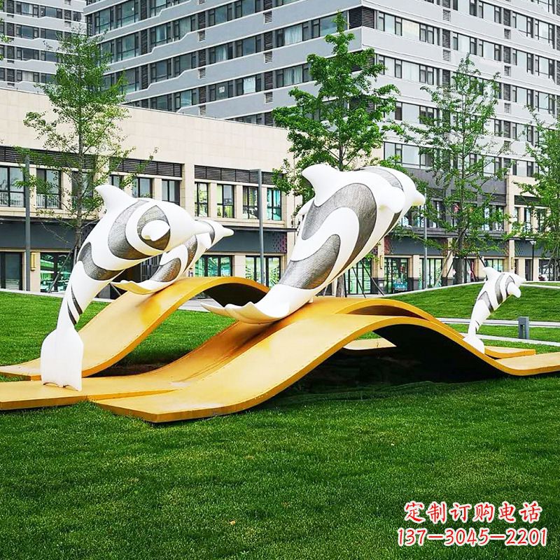 威海玻璃钢海豚景观雕塑精致的城市动物雕塑