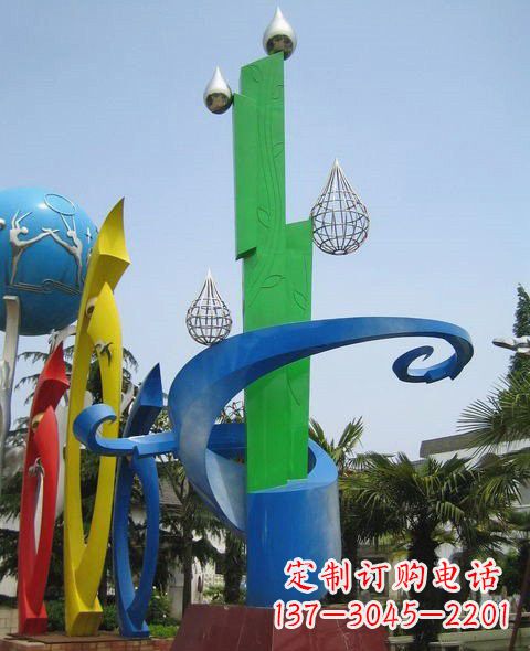 威海不锈钢抽象水滴和植物雕塑