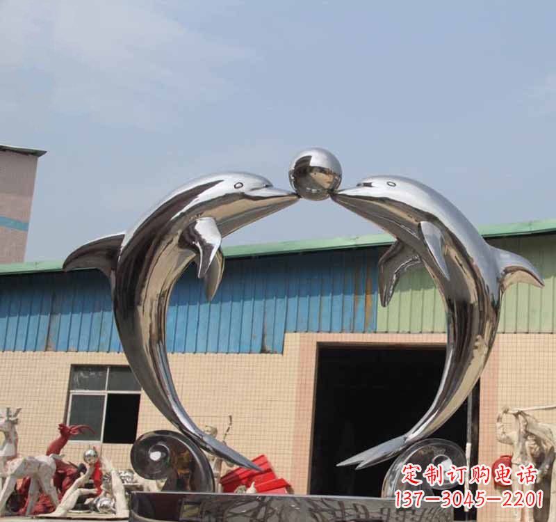 威海海豚之恋——不锈钢公园镜面海豚顶球雕塑