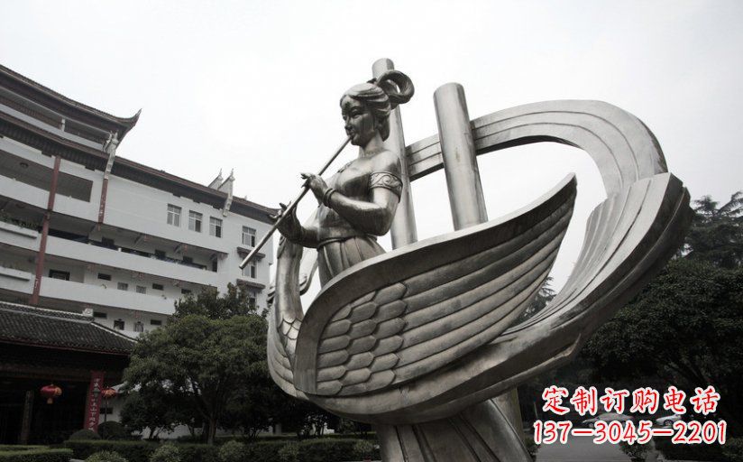 威海古典美女不锈钢吹笛子雕塑