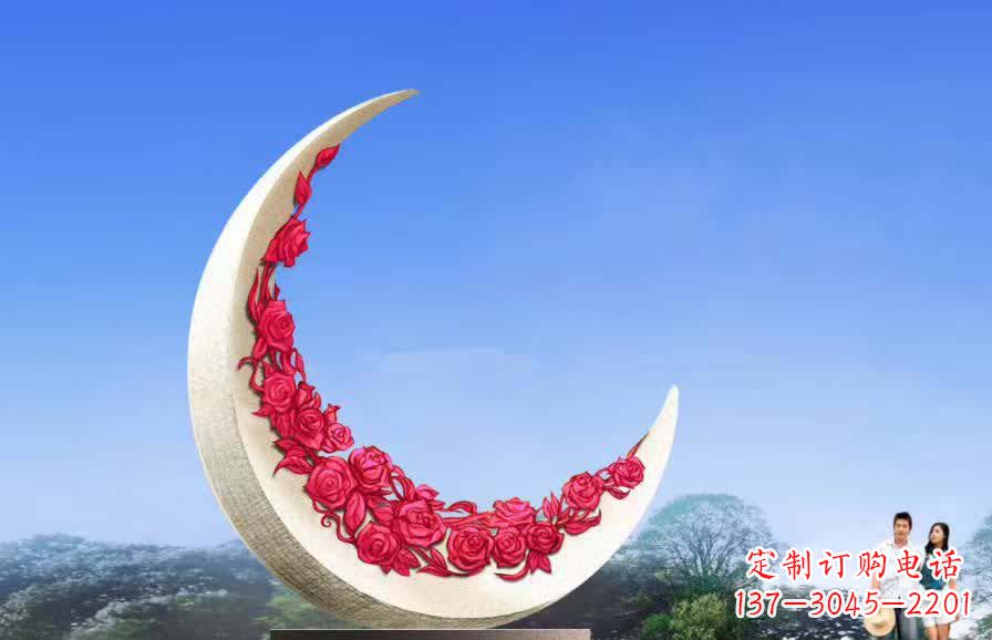 威海不锈钢广场月亮雕塑月光下的璀璨美景