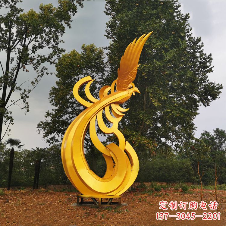 威海不锈钢凤凰雕塑黄金色园林之美