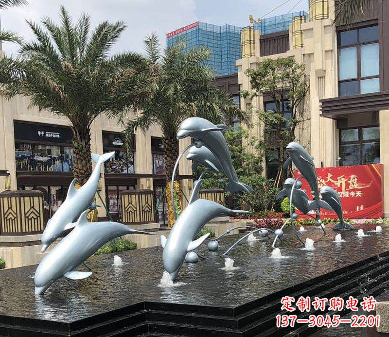 威海不锈钢海豚跳跃喷泉雕塑美丽的艺术装置