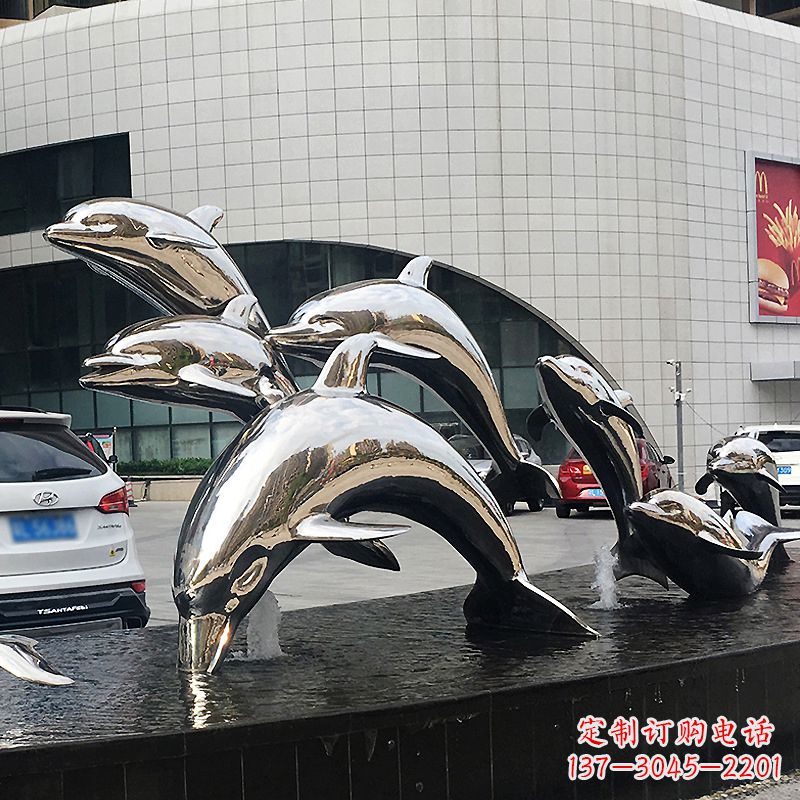 威海城市商场不锈钢镜面海豚水景景观雕塑摆件