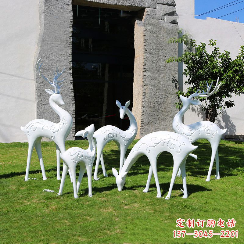 威海抽象鹿玻璃钢雕塑-白色小区园林动物摆件