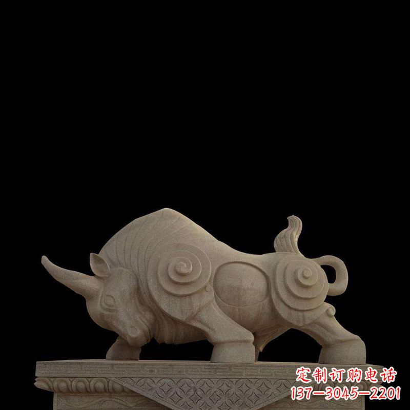 威海抽象牛砂岩雕塑-生肖动物石雕摆件