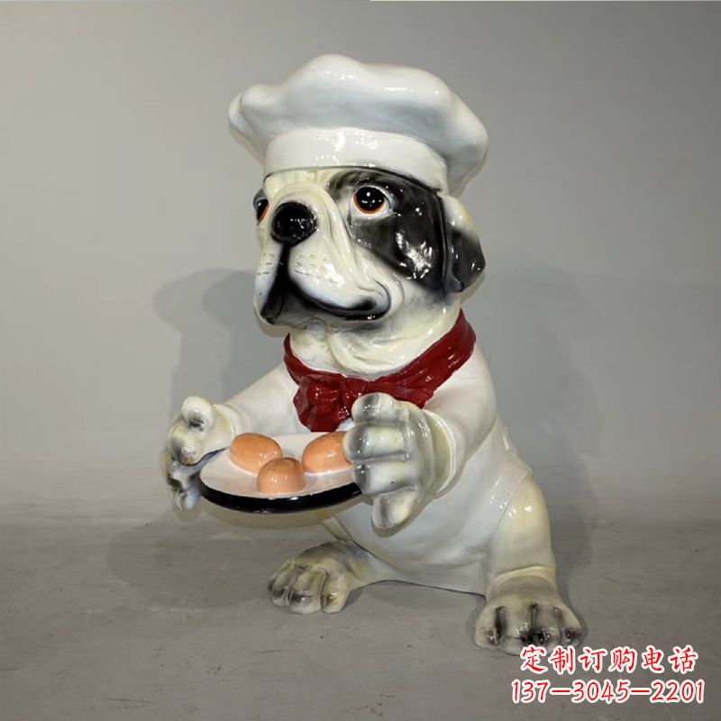 威海厨师造型斗牛犬,玻璃钢仿陶瓷狗雕塑