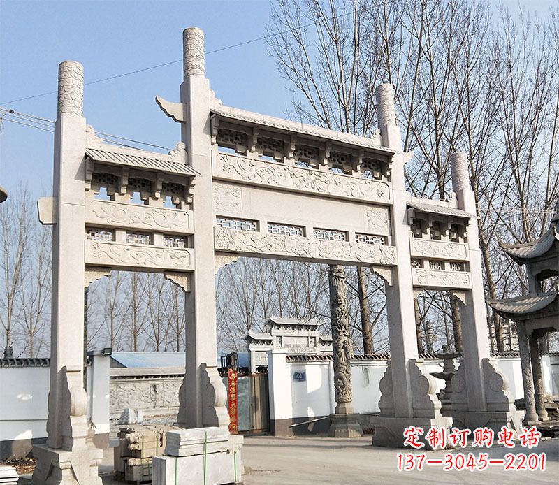 威海村口三门石牌坊石雕 (3)
