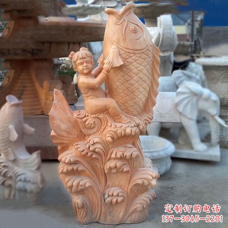 威海大型喷水鲤鱼雕塑-晚霞红石喷泉