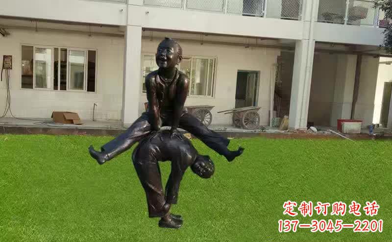 威海卡通青少年跳马铜雕塑