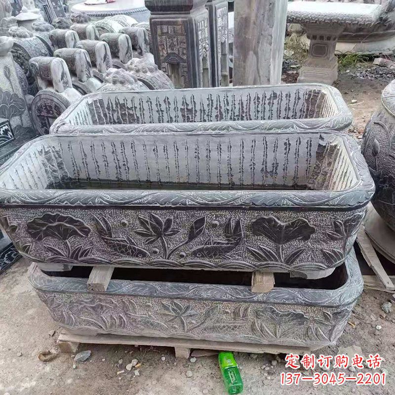威海方形石槽雕塑,打造完美家庭养鱼石缸