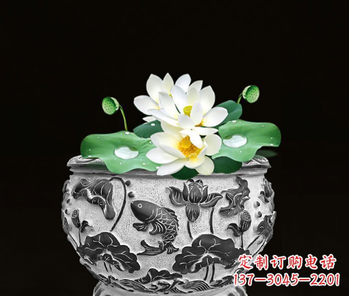 威海仿古荷花鲤鱼雕塑石水缸