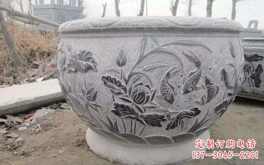 威海仿古雕刻鲤鱼石浮雕水缸