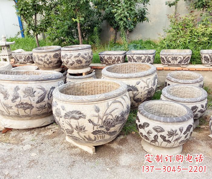威海仿古石雕鲤鱼浮雕水缸