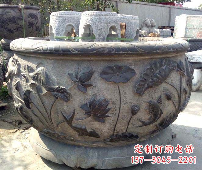威海精美仿古荷花鲤鱼浮雕石水缸