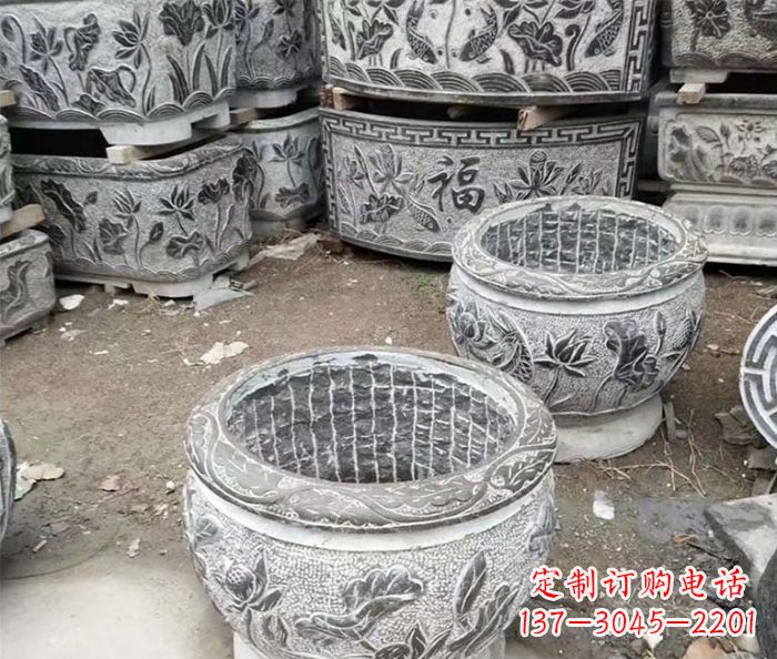 威海仿古荷花石浮雕水缸塑像
