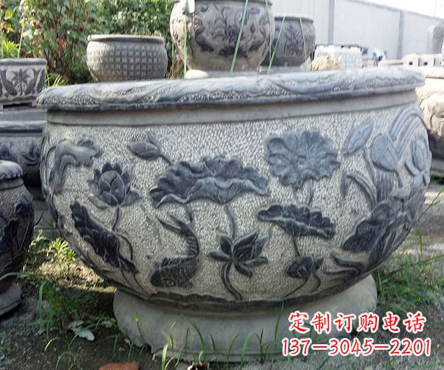 威海中领雕塑仿古荷花石浮雕水缸