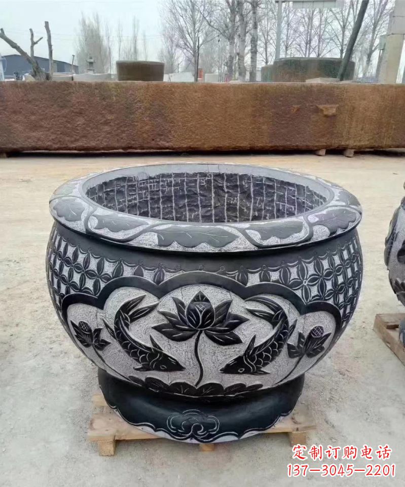威海仿古石雕荷花鲤鱼水缸