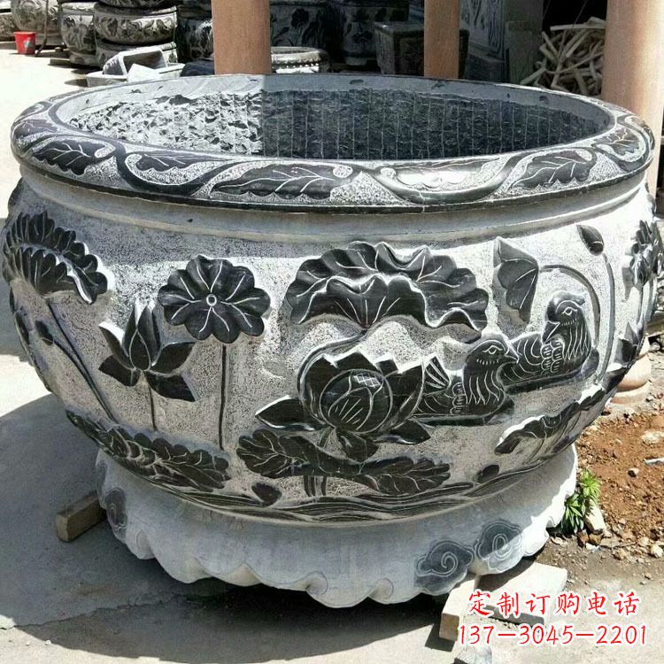 威海极致精细仿古圆形鱼缸石雕