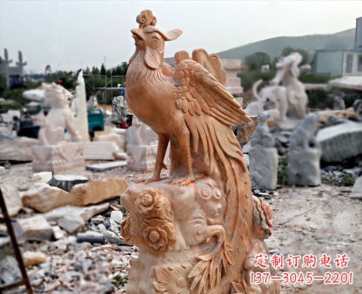 威海凤凰牡丹晚霞红石雕神兽动物雕塑