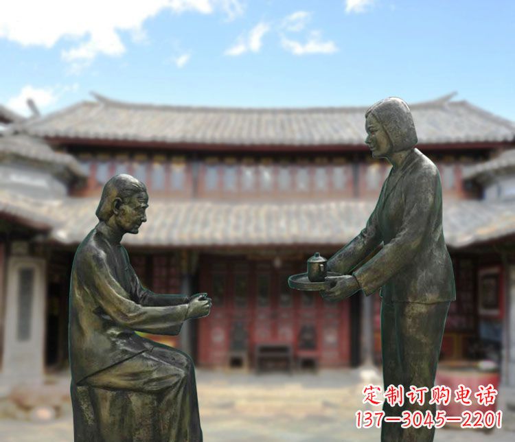威海给母亲敬茶的女儿铜雕
