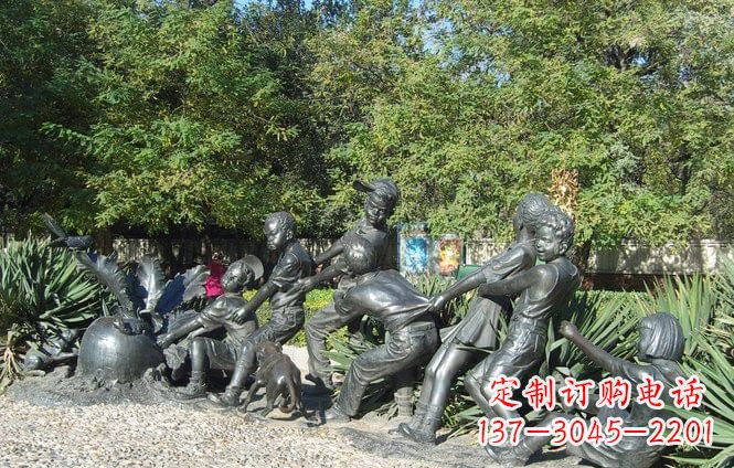 威海铜雕萝卜儿童拔萝卜雕塑