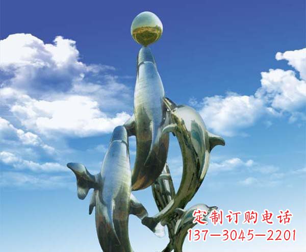 威海公园不锈钢顶球海豚动物雕塑