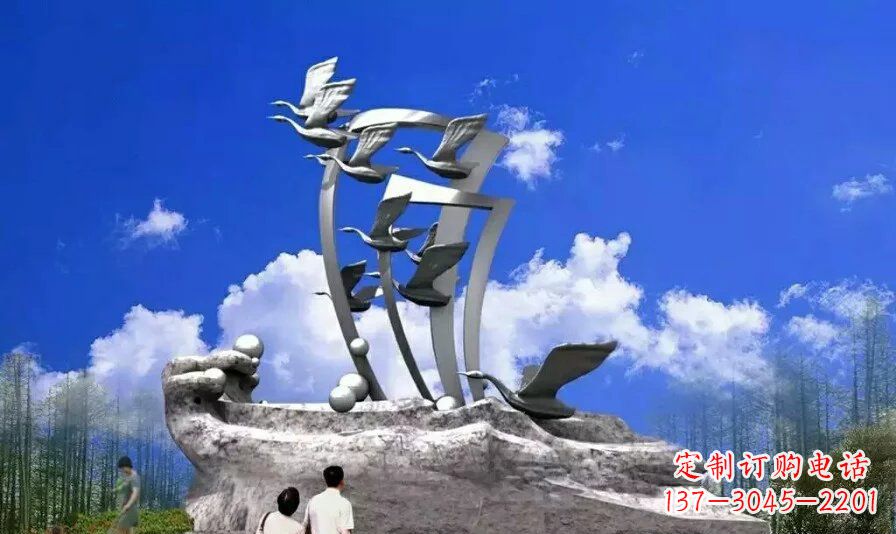 威海艺术家手工制作的不锈钢飞翔天鹅雕塑