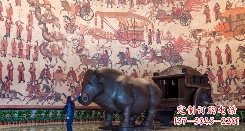 威海传统风格铜河马拉车景观雕塑