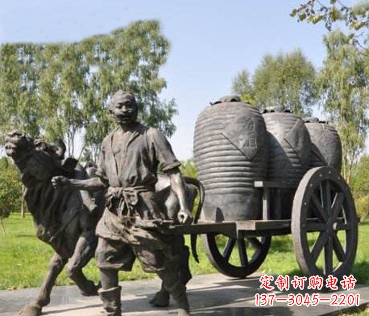 威海公园驾着牛车拉酒缸的古代人物小品铜雕