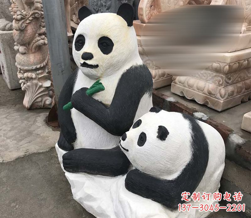 威海领雕塑——公园母子熊猫石雕