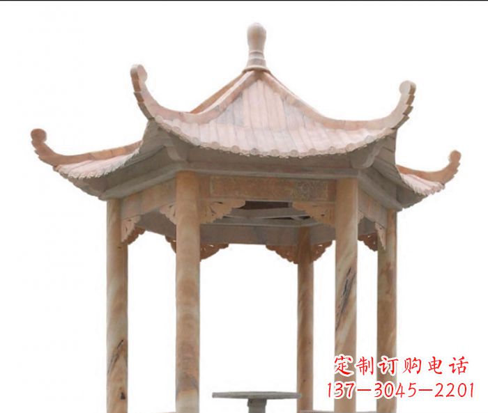 威海公园晚霞红六角石雕凉亭 (12)