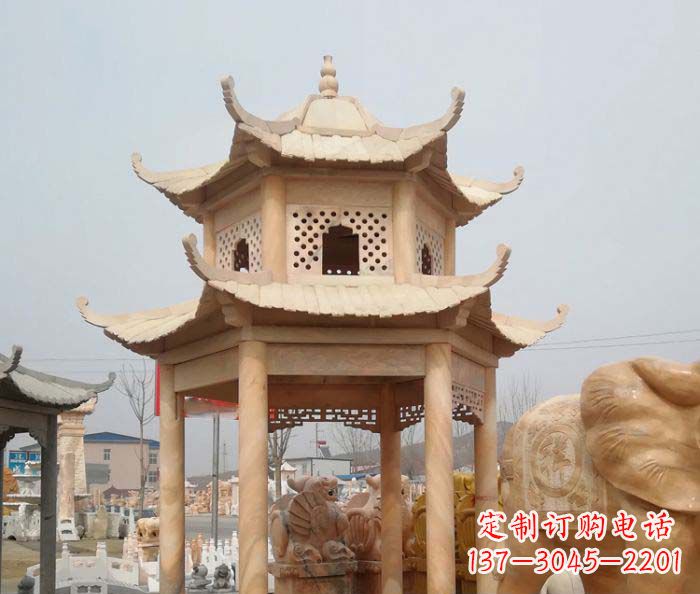 威海红双层六角石凉亭雕塑