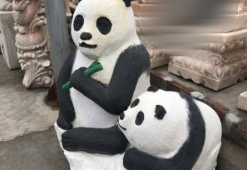 威海领雕塑——公园母子熊猫石雕