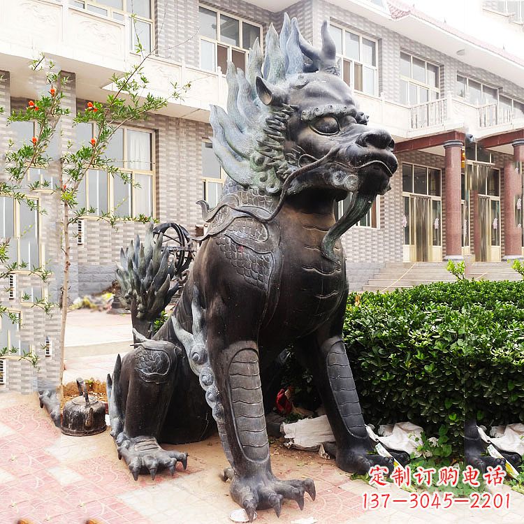 威海古铜色镇宅铜麒麟雕塑,精美绝伦!