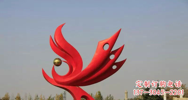 威海广场不锈钢抽象凤凰凤临宝地雕塑