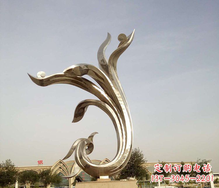 威海中国传统图案雕刻定制——高端不锈钢抽象金凤凰雕塑