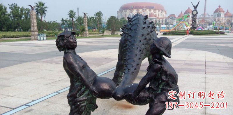 威海广场抽象恐龙和小孩景观铜雕