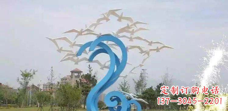 威海海边不锈钢海浪和海鸥雕塑