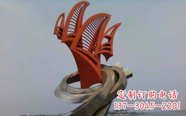 威海海边不锈钢海浪和帆船雕塑
