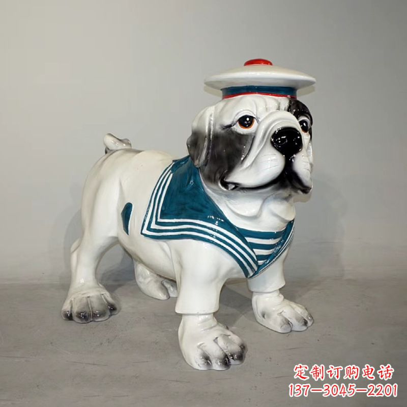 威海海军玻璃钢仿陶瓷斗牛犬狗雕塑
