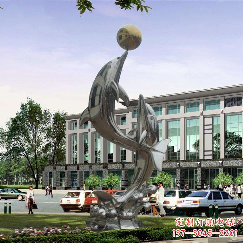 威海不锈钢海豚戏球雕塑,营造清新海岸风情