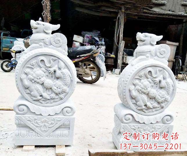 威海汉白玉抱鼓石招财石门墩石雕