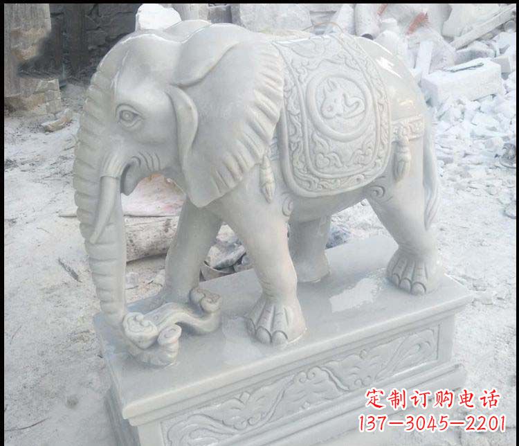 威海精美汉白玉吉祥鼻卷如意大象雕塑