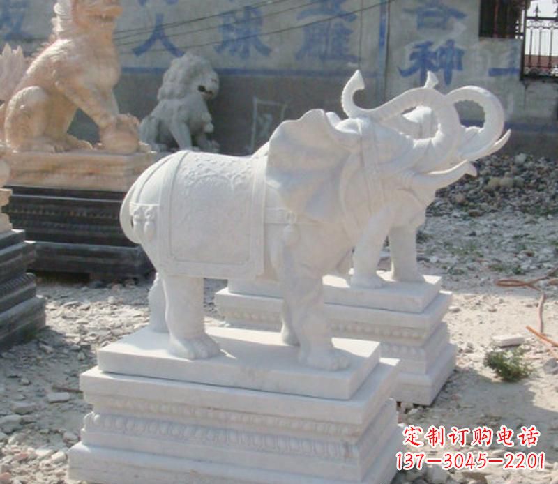 威海汉白玉卷鼻喷水大象