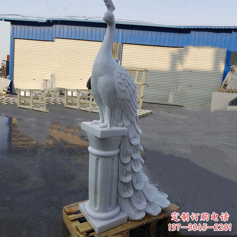 威海汉白玉孔雀-公园园林动物雕塑摆件