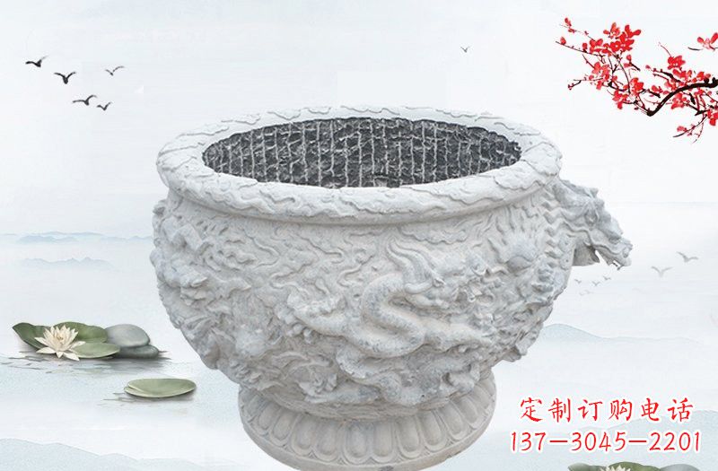 威海汉白玉龙浮雕水缸，传承传统经典